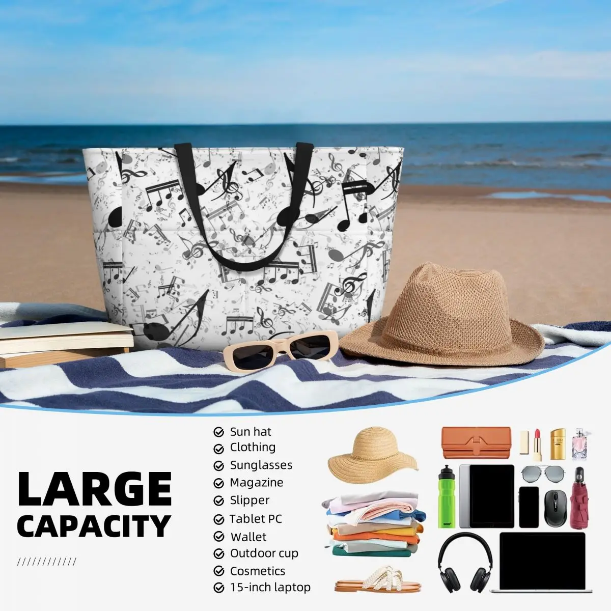 Bass Music Notes Beach Tote Ba - Yoga Fitness Music review and price
