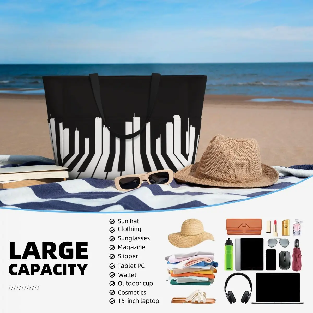 Piano City Music Beach Tote Ba - Yoga Fitness Music review and price